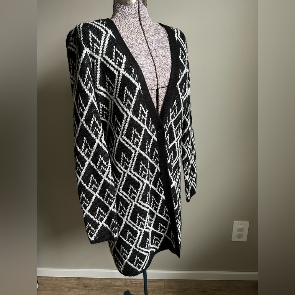 Wool blend Kaffe Black and White Diamond Pattern single button Cardigan classic - Picture 3 of 9